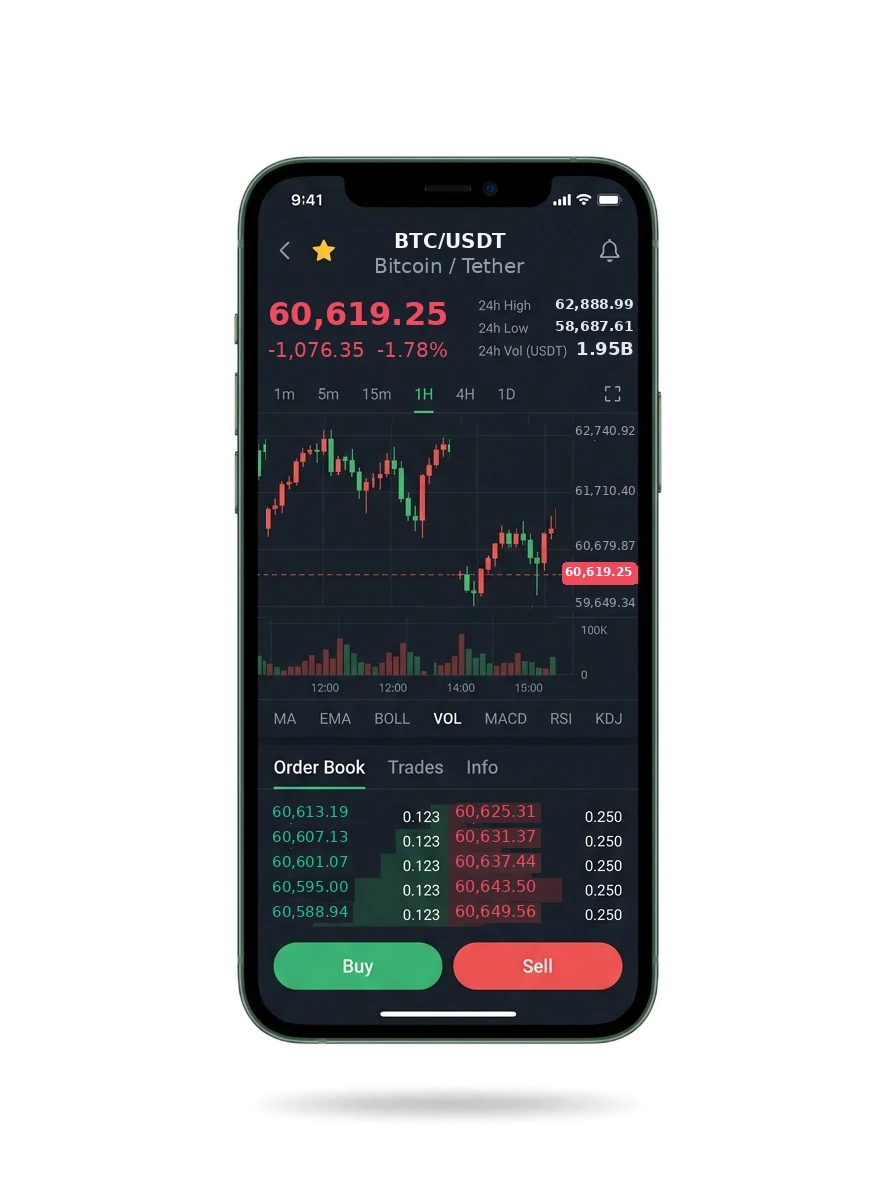 The GuadeFin Hub mobile app showing a watchlist, a signal card and an account balance
